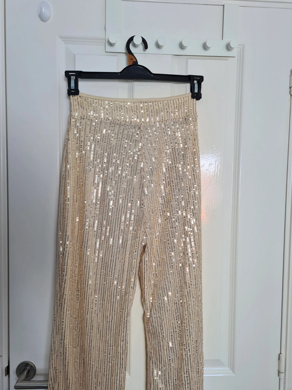 Generic women beige sequin wide straight leg trousers zip side lining glitter pants party outfit S/8