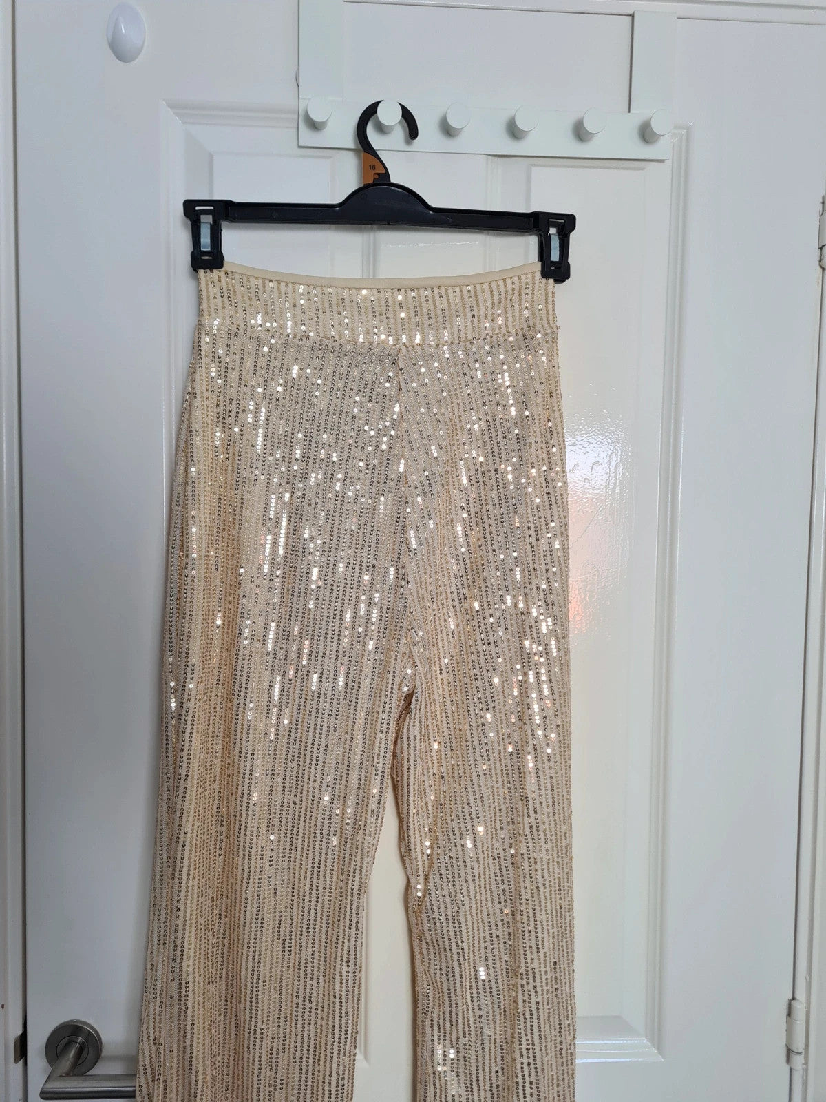 Generic women beige sequin wide straight leg trousers zip side lining glitter pants party outfit S/8
