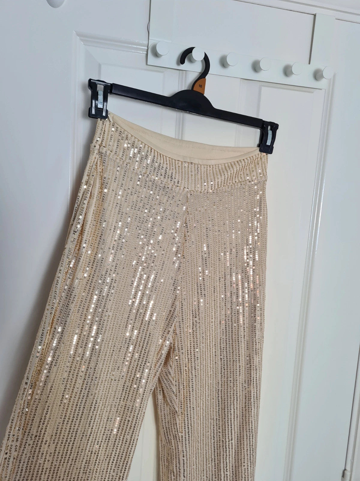 Generic women beige sequin wide straight leg trousers zip side lining glitter pants party outfit S/8