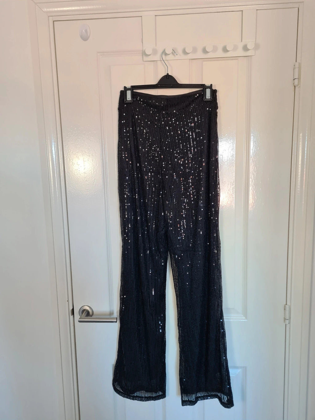 Generic women black sequin wide straight leg trousers zip side lining glitter pants party outfit S/8