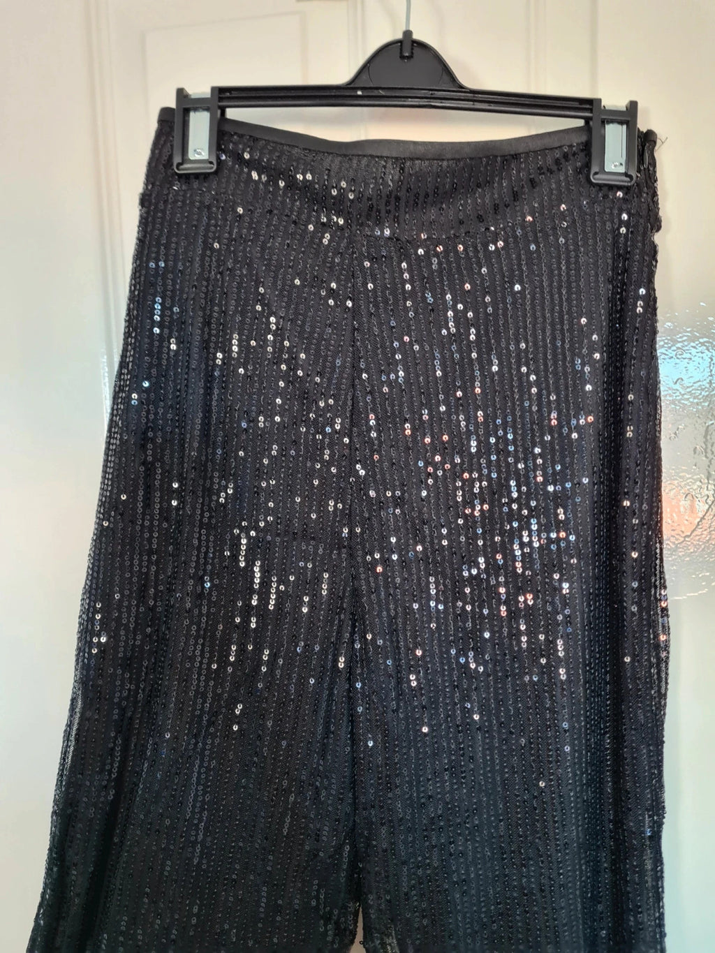 Generic women black sequin wide straight leg trousers zip side lining glitter pants party outfit S/8