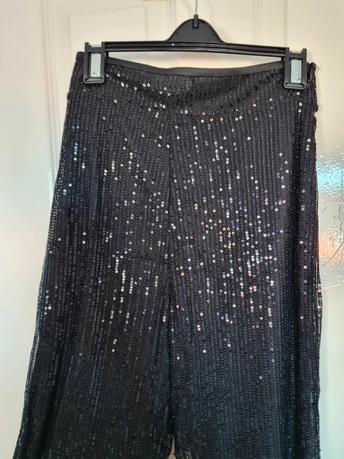 Generic women black sequin wide straight leg trousers zip side lining glitter pants party outfit S/8