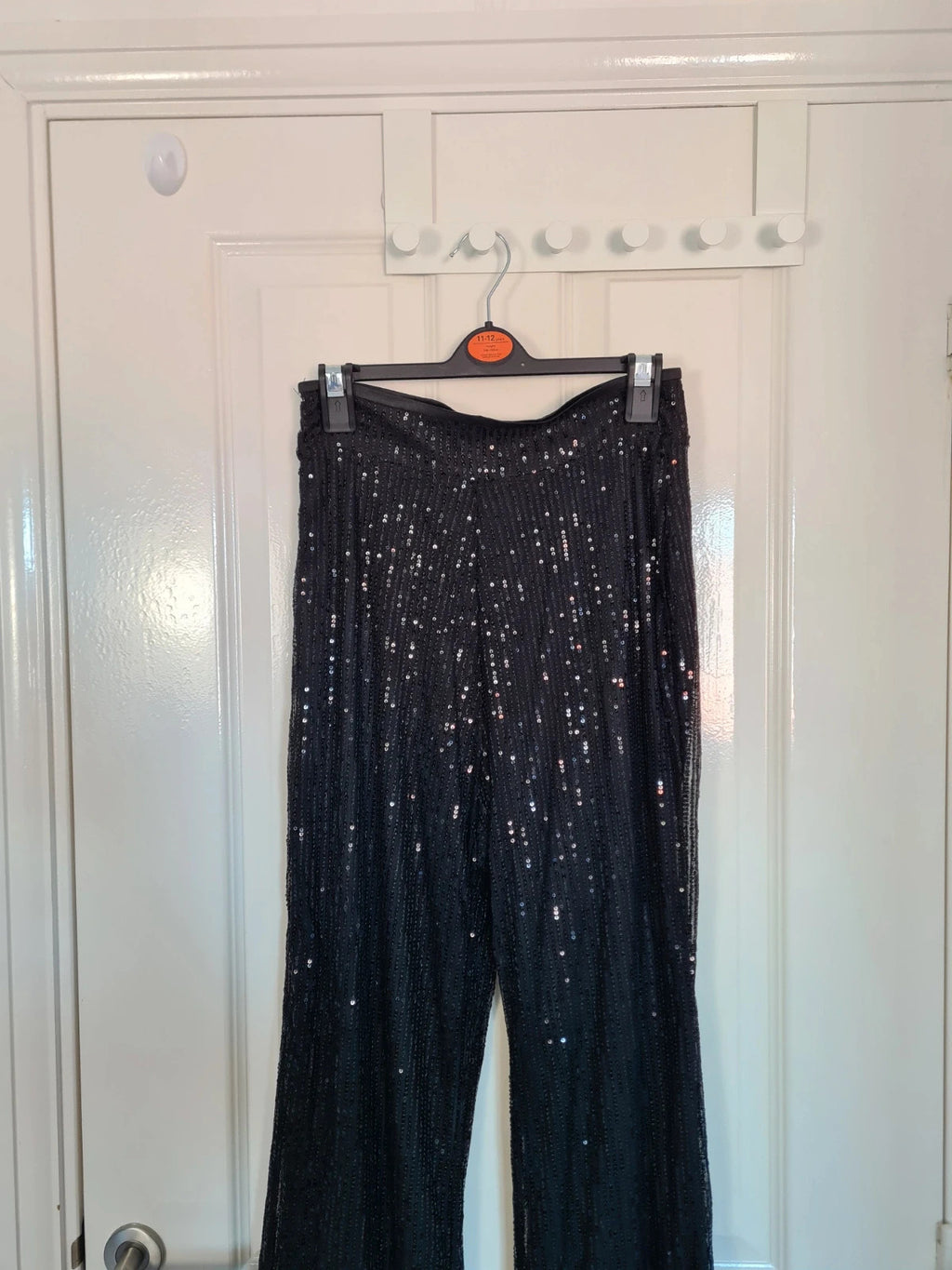 Generic women black sequin wide straight leg trousers zip side lining glitter pants party outfit S/8