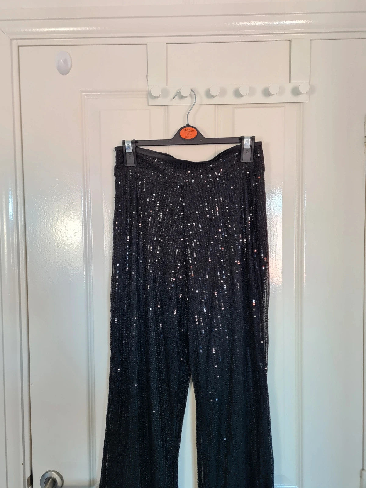 Generic women black sequin wide straight leg trousers zip side lining glitter pants party outfit S/8