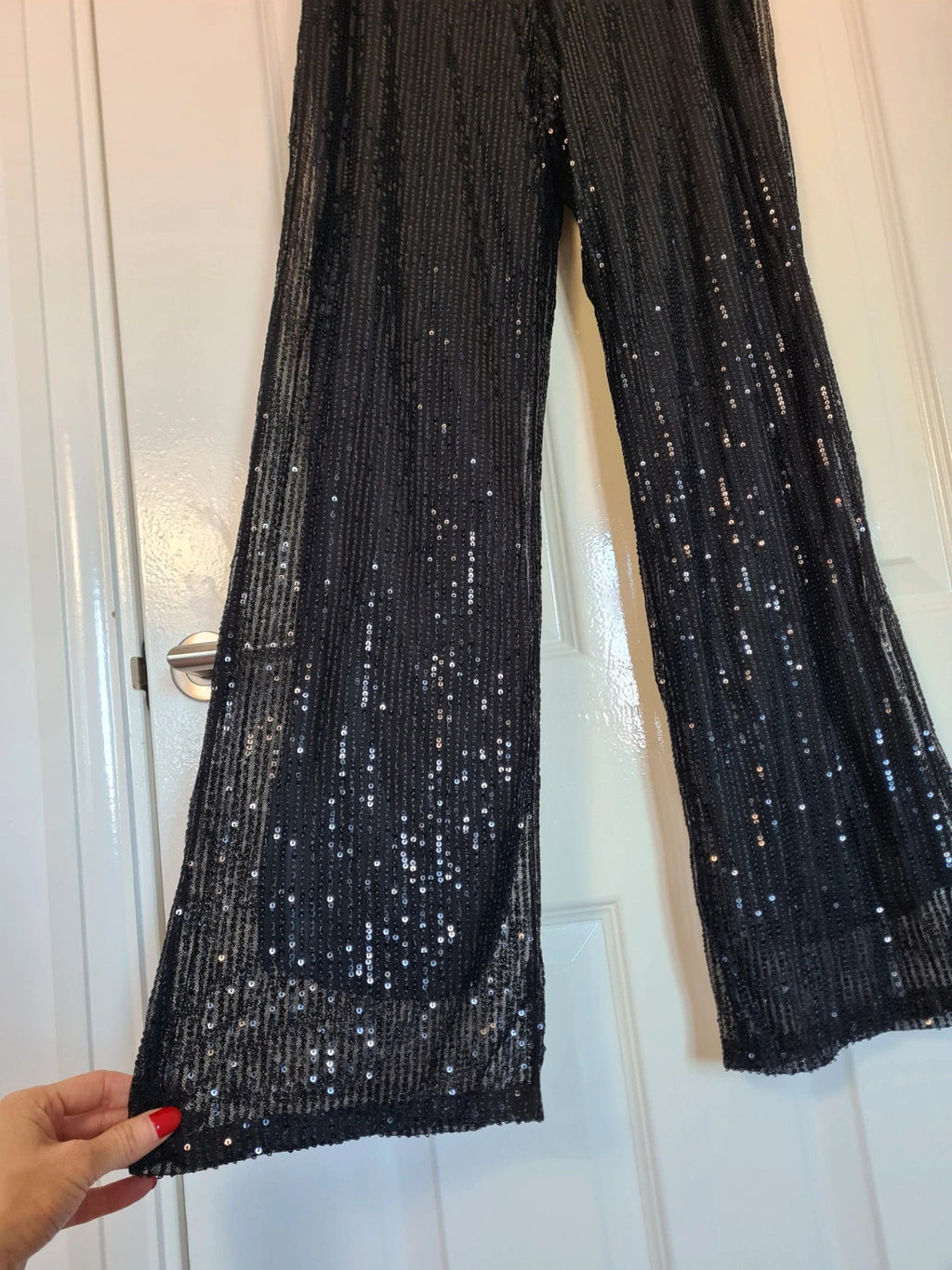 Generic women black sequin wide straight leg trousers zip side lining glitter pants party outfit S/8