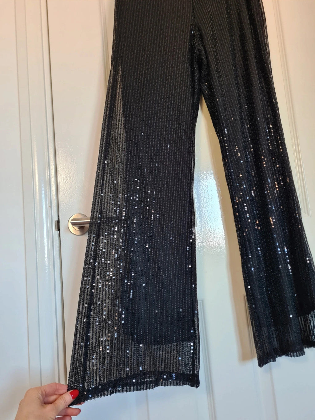 Generic women black sequin wide straight leg trousers zip side lining glitter pants party outfit S/8