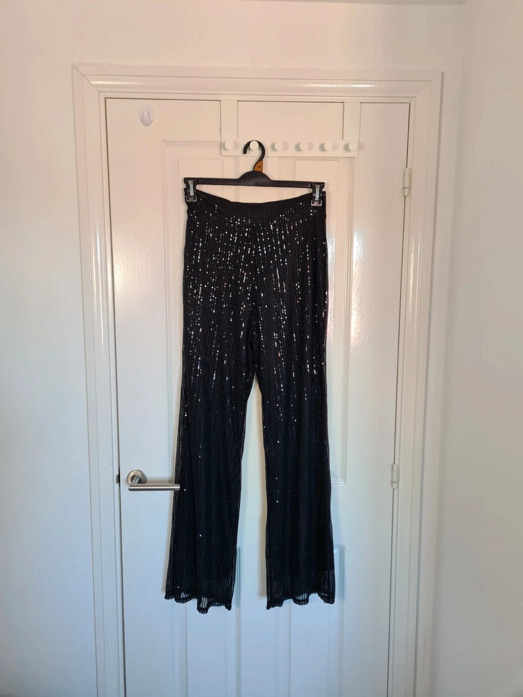 Generic women black sequin wide straight leg trousers zip side lining glitter pants party outfit S/8