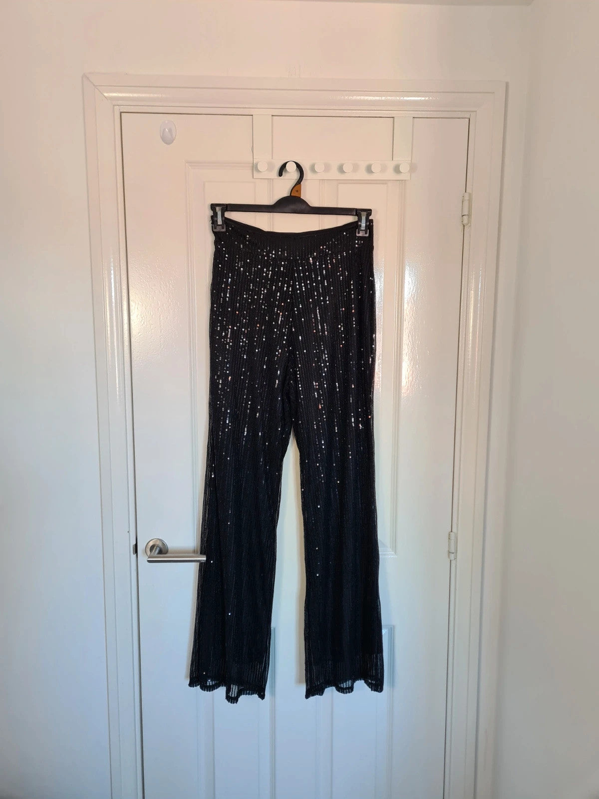 Generic women black sequin wide straight leg trousers zip side lining glitter pants party outfit S/8
