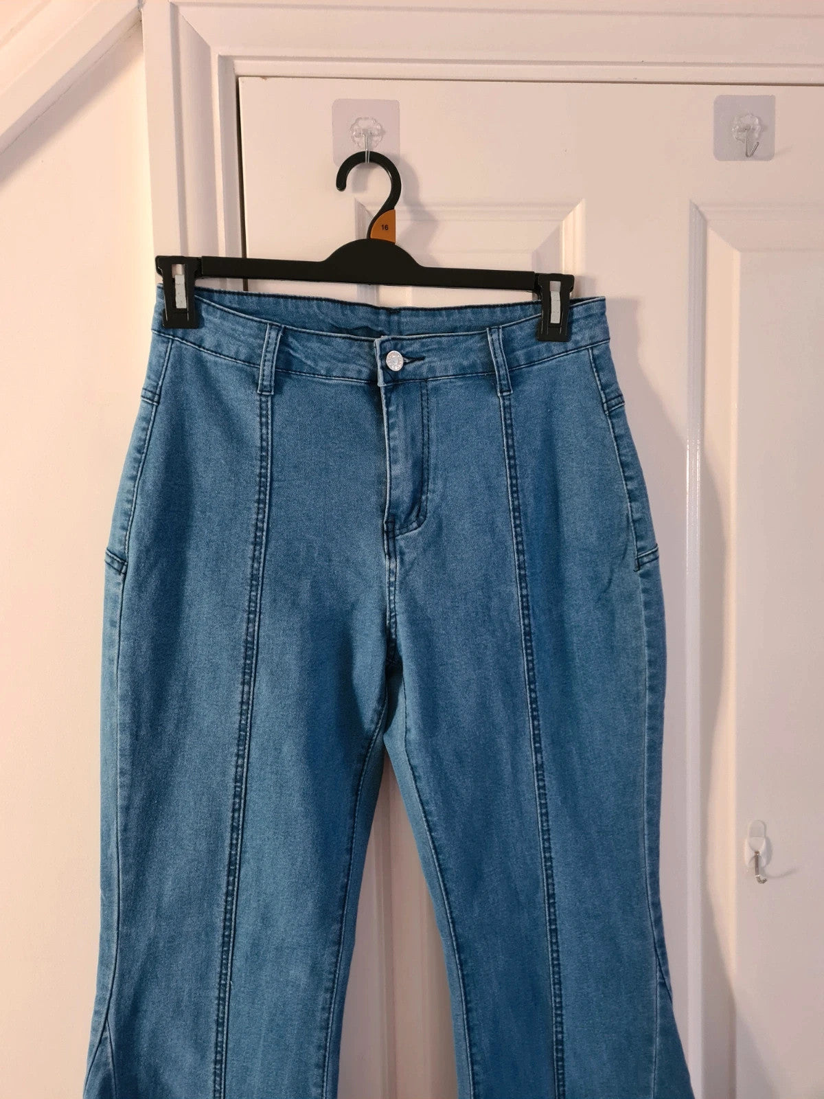 Generic women Y2K blue flare jeans denim cotton blend bootcut red stars patch frayed stretchy L/12