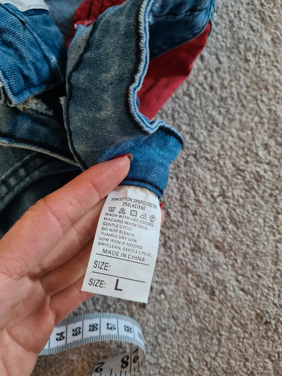 Generic women Y2K blue flare jeans denim cotton blend bootcut red stars patch frayed stretchy L/12