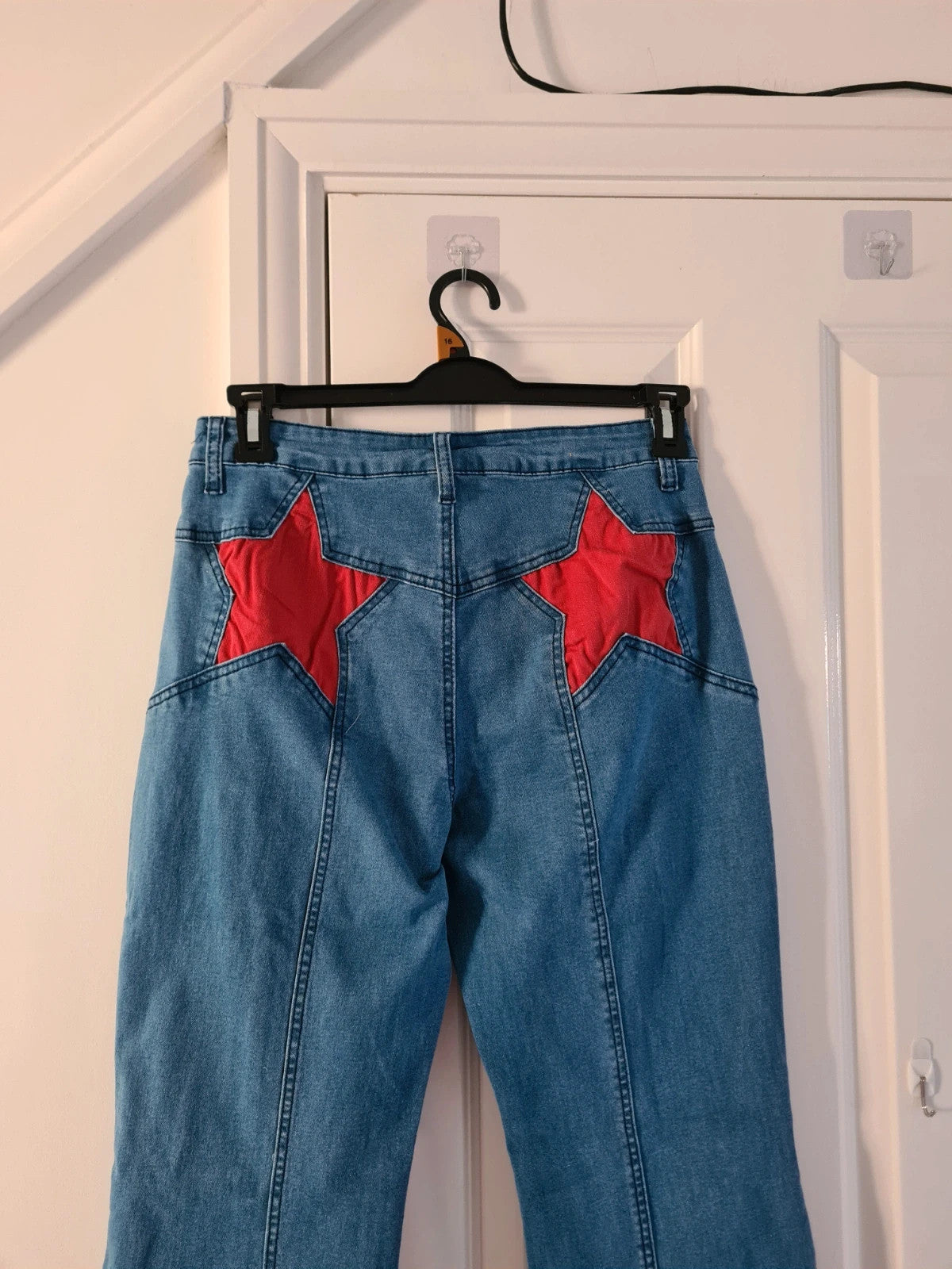 Generic women Y2K blue flare jeans denim cotton blend bootcut red stars patch frayed stretchy L/12