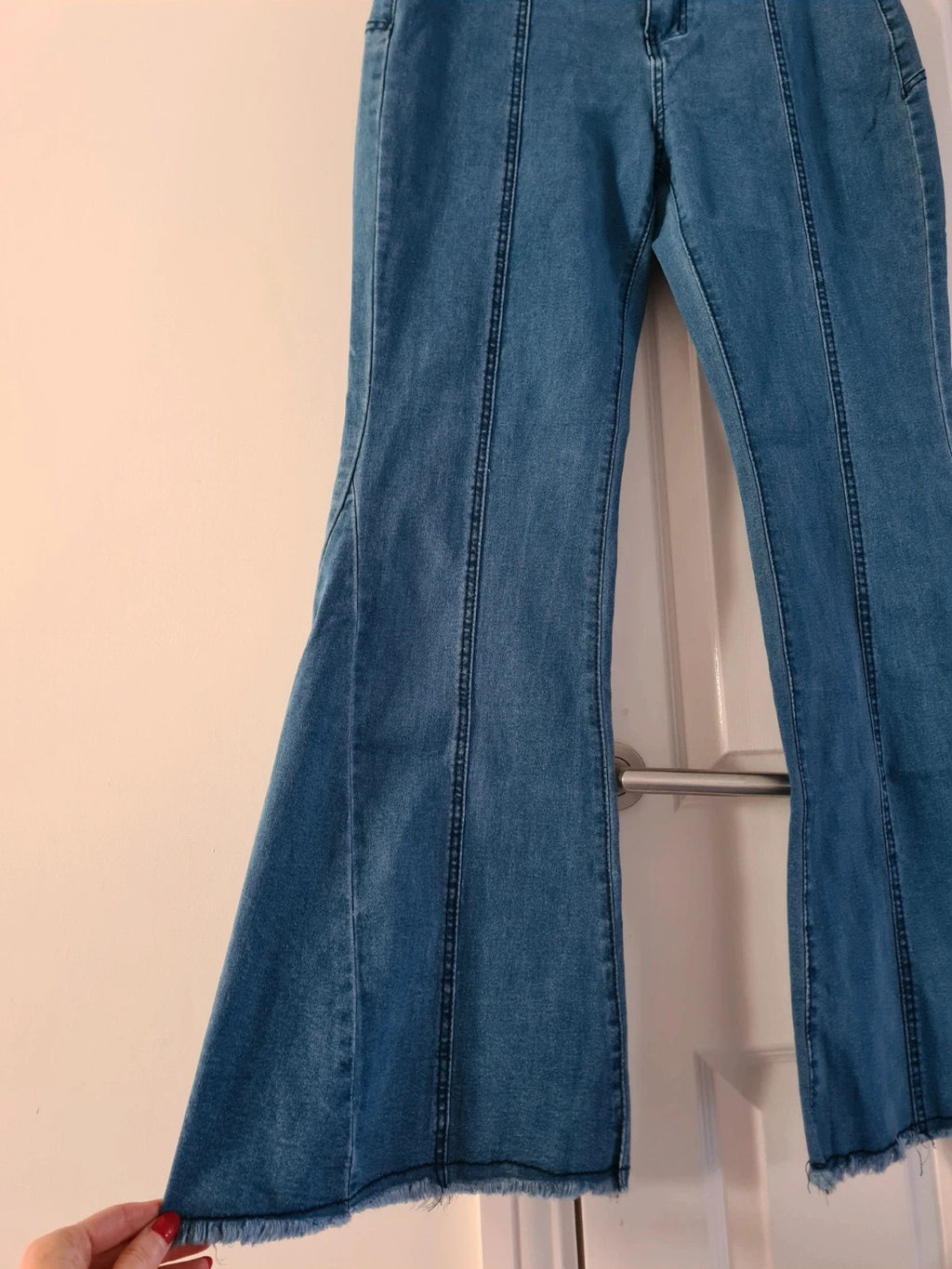 Generic women Y2K blue flare jeans denim cotton blend bootcut red stars patch frayed stretchy L/12