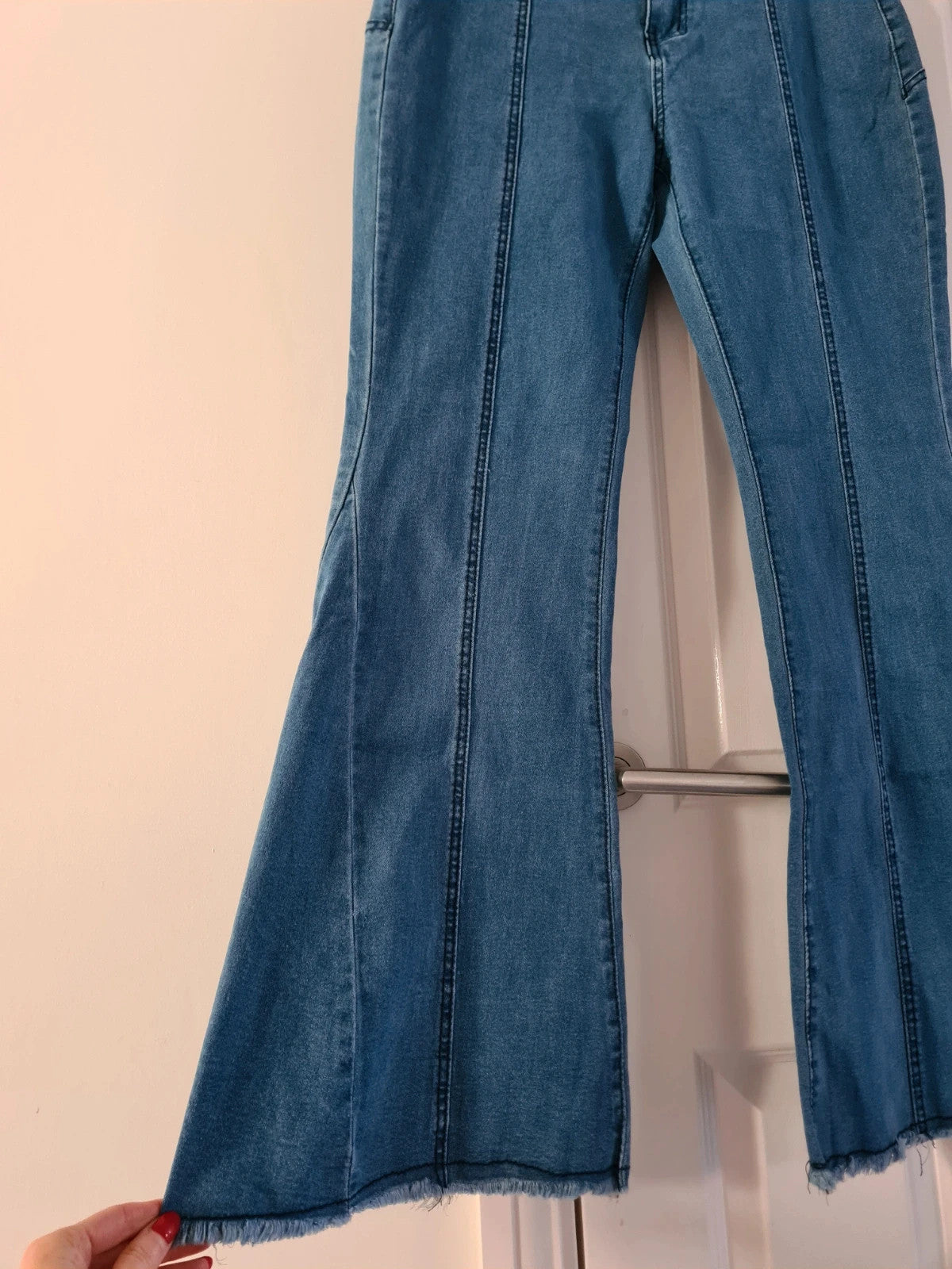 Generic women Y2K blue flare jeans denim cotton blend bootcut red stars patch frayed stretchy L/12