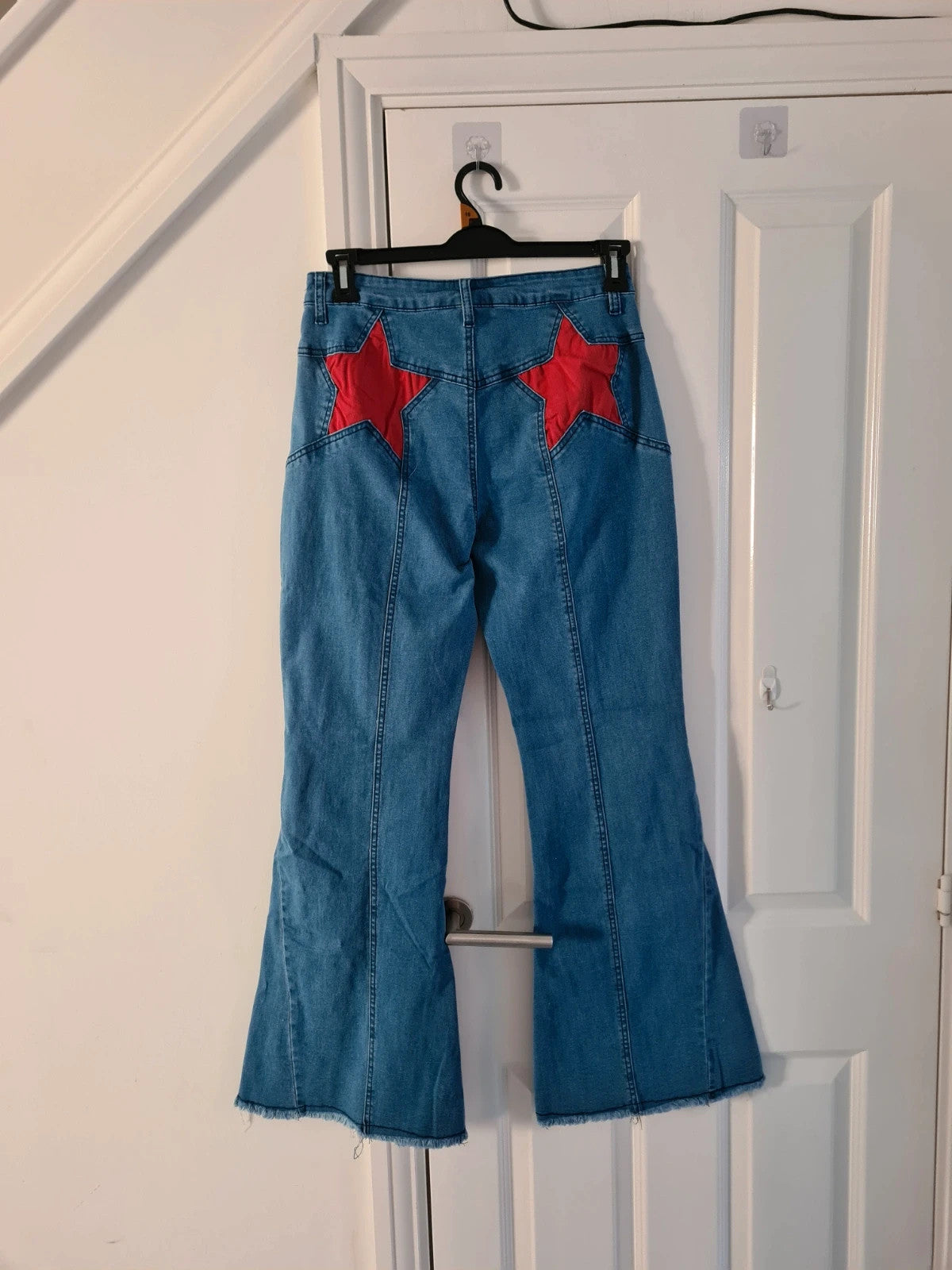 Generic women Y2K blue flare jeans denim cotton blend bootcut red stars patch frayed stretchy L/12