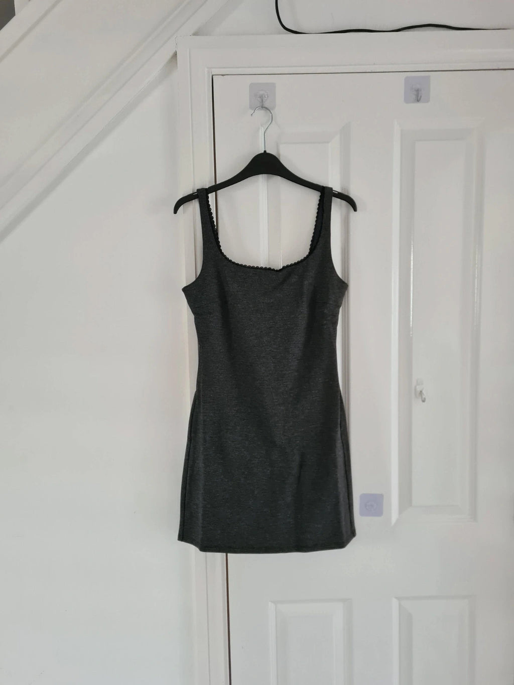 Mango women dark grey lace detail mini dress round neck sleeveless slim fit back zip casual S/8