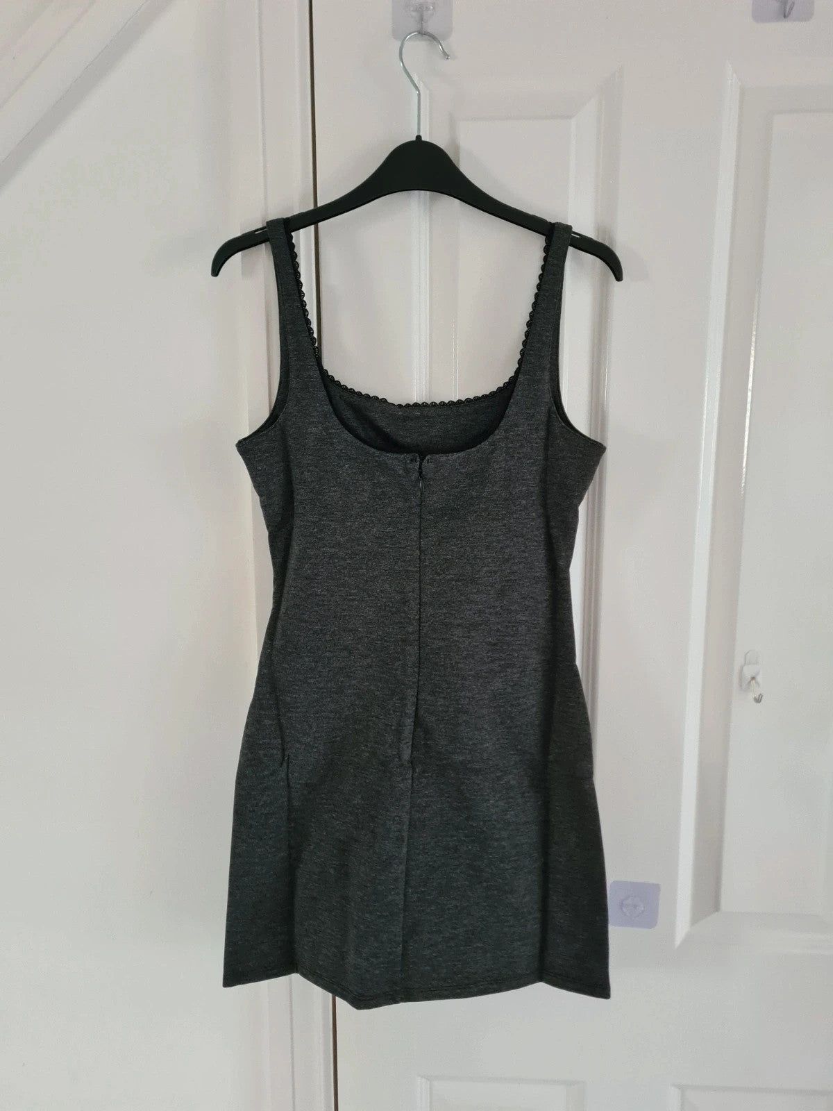 Mango women dark grey lace detail mini dress round neck sleeveless slim fit back zip casual S/8