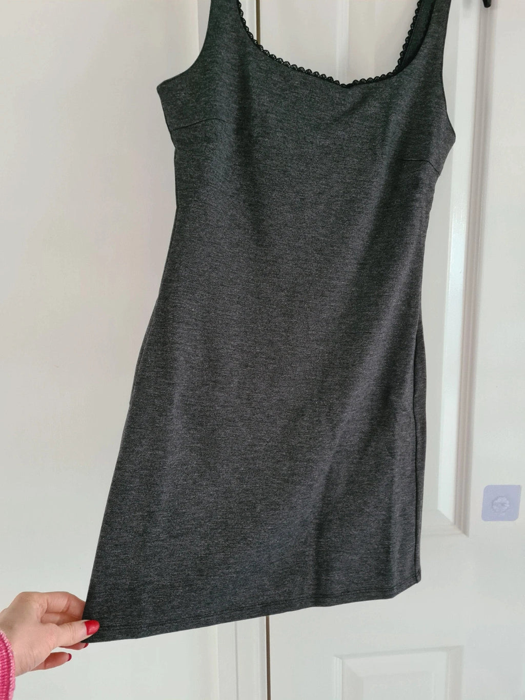 Mango women dark grey lace detail mini dress round neck sleeveless slim fit back zip casual S/8