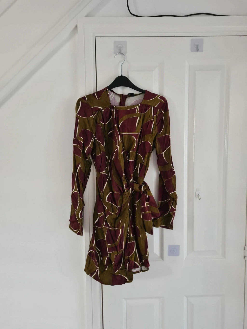 Mango women olive/khaki/burgundy geo print knot wrap mini dress asymmetric neck viscose casual S/8