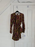Mango women olive/khaki/burgundy geo print knot wrap mini dress asymmetric neck viscose casual S/8