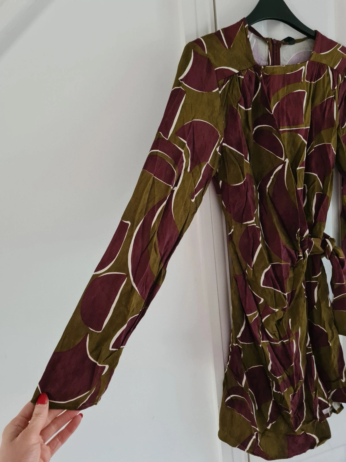 Mango women olive/khaki/burgundy geo print knot wrap mini dress asymmetric neck viscose casual S/8