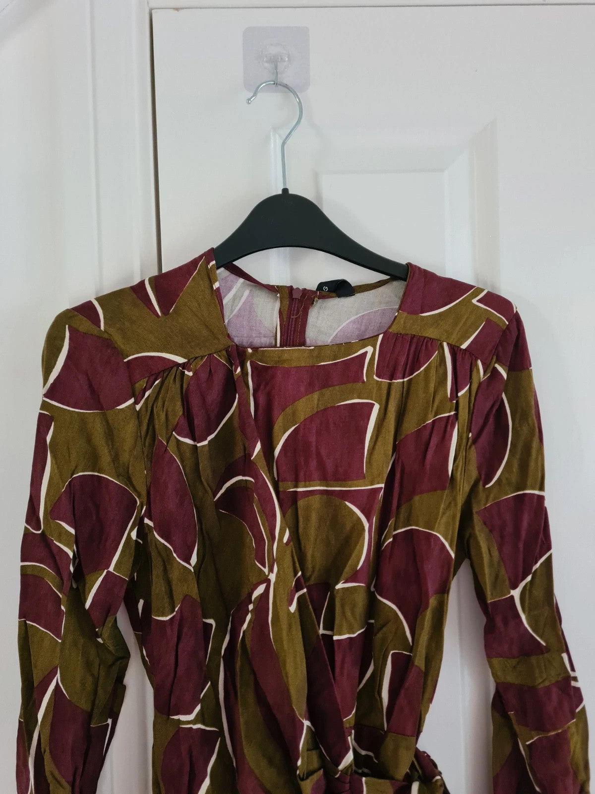 Mango women olive/khaki/burgundy geo print knot wrap mini dress asymmetric neck viscose casual S/8