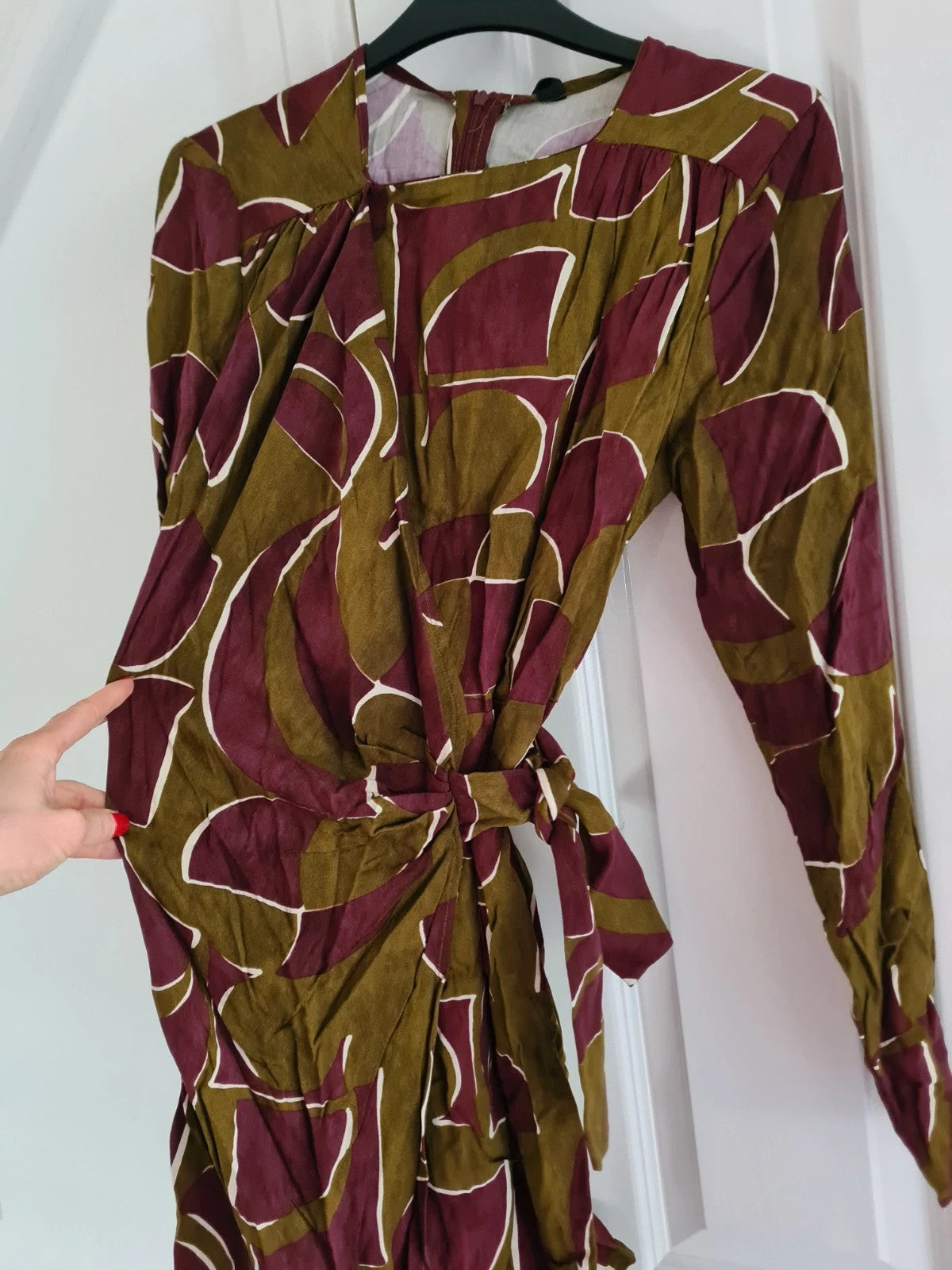 Mango women olive/khaki/burgundy geo print knot wrap mini dress asymmetric neck viscose casual S/8