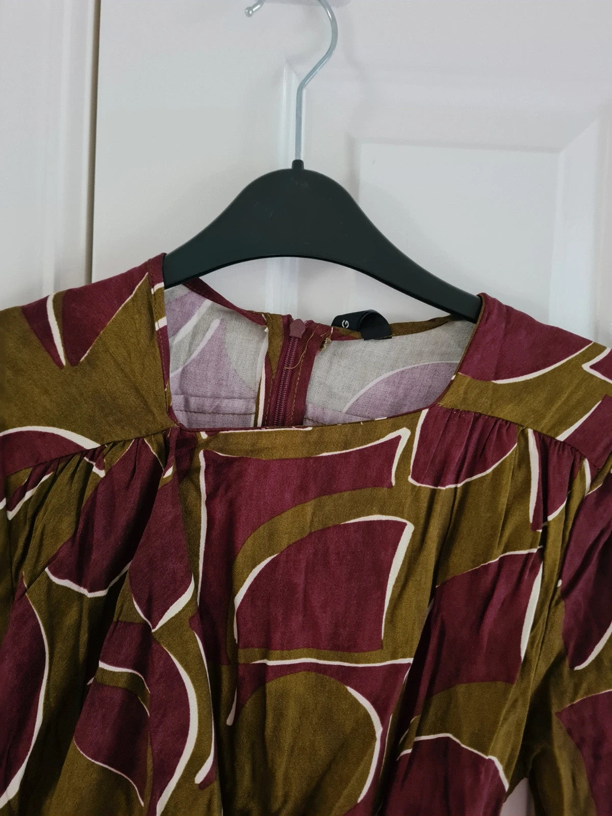 Mango women olive/khaki/burgundy geo print knot wrap mini dress asymmetric neck viscose casual S/8