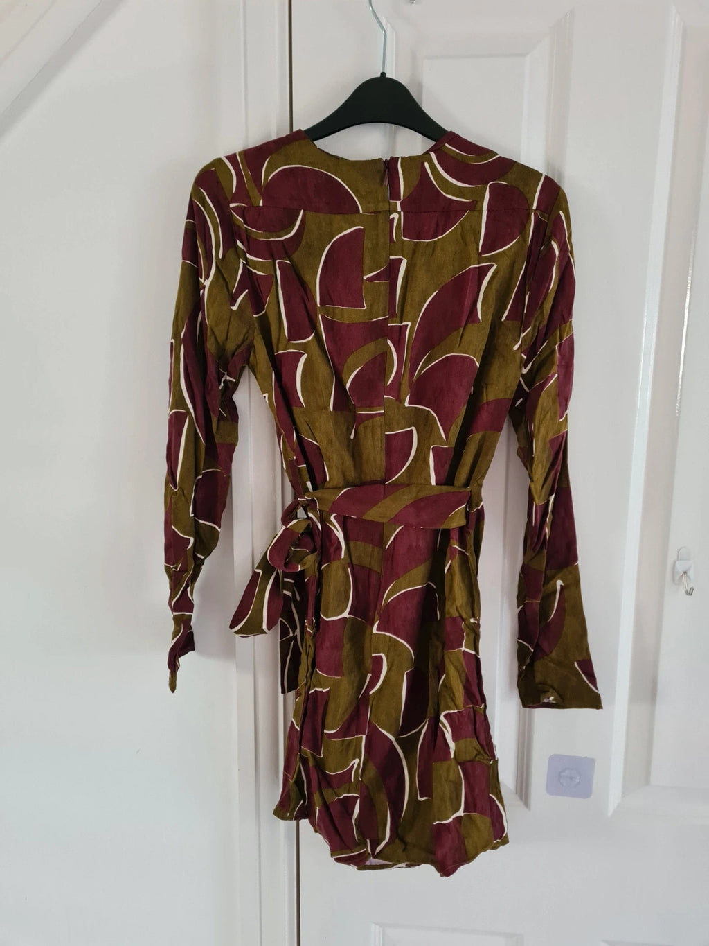 Mango women olive/khaki/burgundy geo print knot wrap mini dress asymmetric neck viscose casual S/8