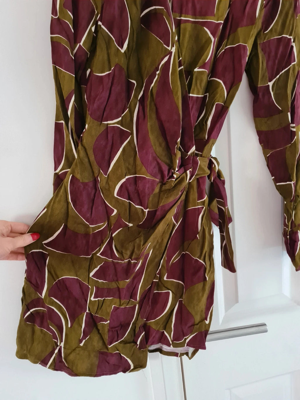 Mango women olive/khaki/burgundy geo print knot wrap mini dress asymmetric neck viscose casual S/8
