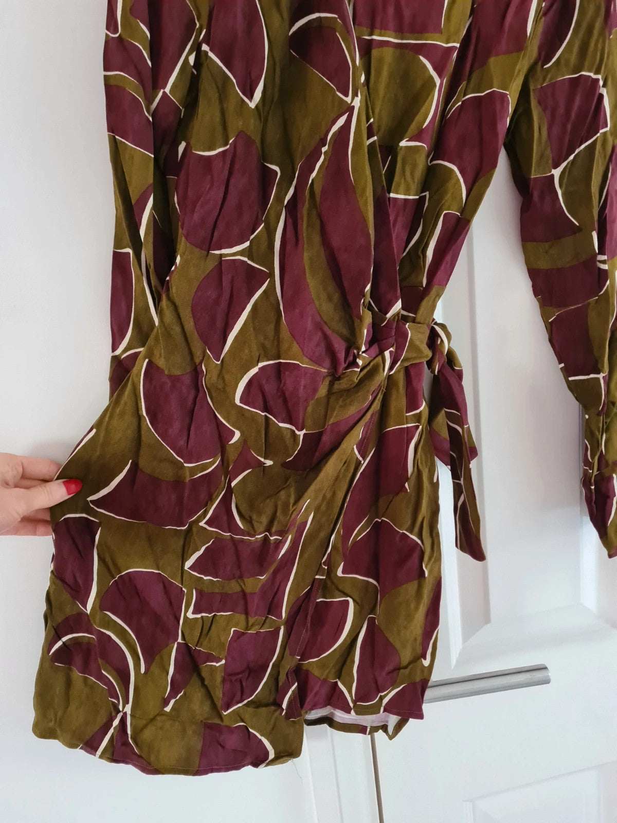 Mango women olive/khaki/burgundy geo print knot wrap mini dress asymmetric neck viscose casual S/8