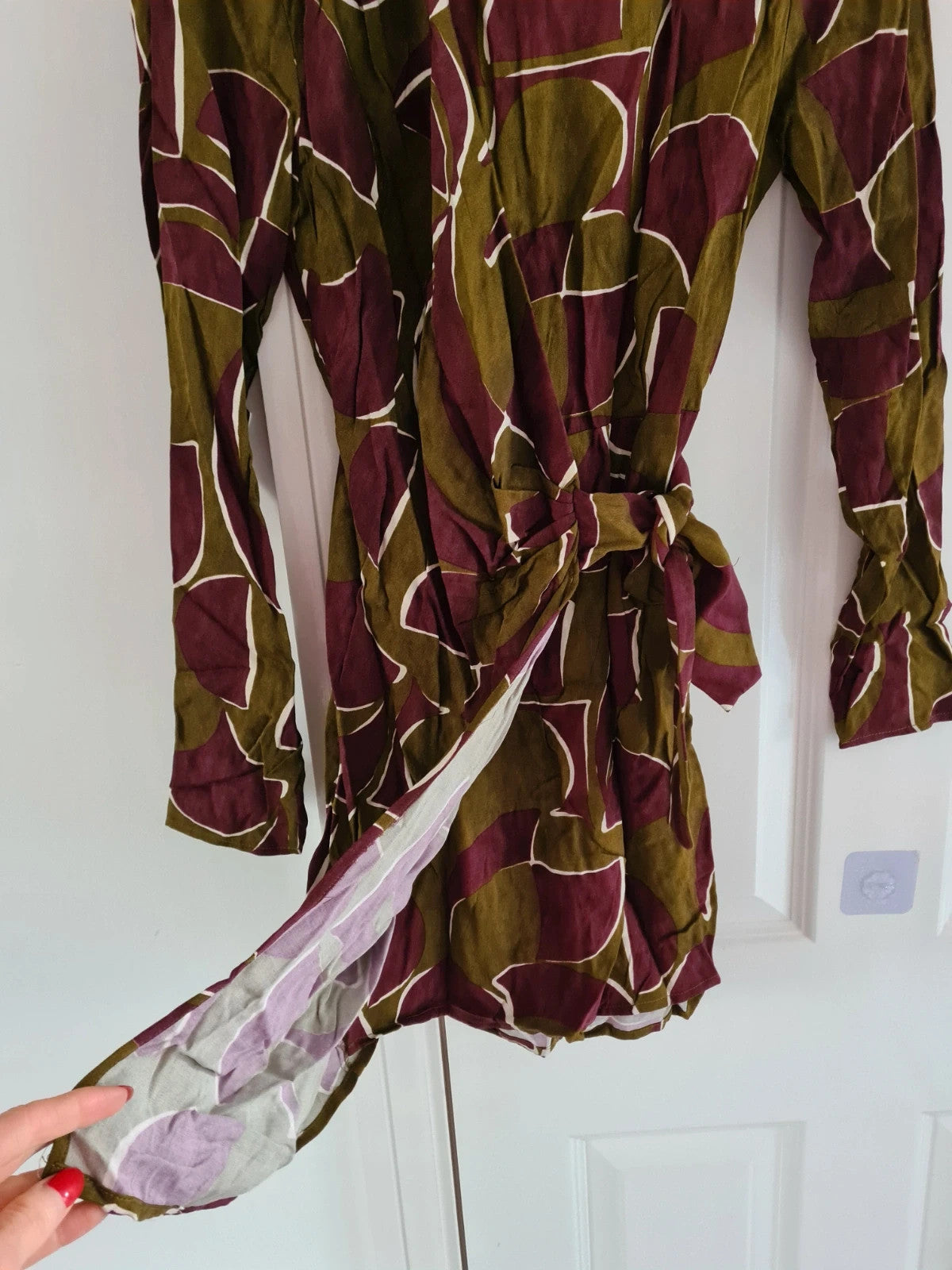 Mango women olive/khaki/burgundy geo print knot wrap mini dress asymmetric neck viscose casual S/8