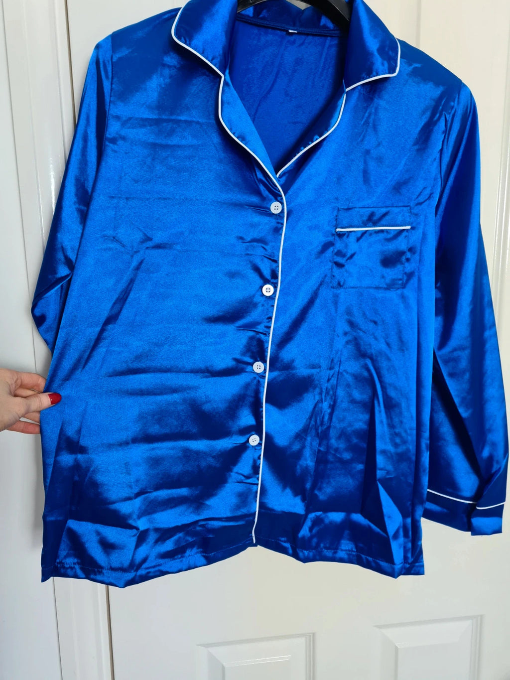 Generic women blue satin 2pcs pyjamas long sleeve V-neck shirt elastic waist pants nightwear XL/14