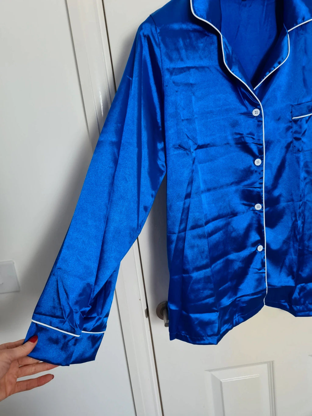 Generic women blue satin 2pcs pyjamas long sleeve V-neck shirt elastic waist pants nightwear XL/14
