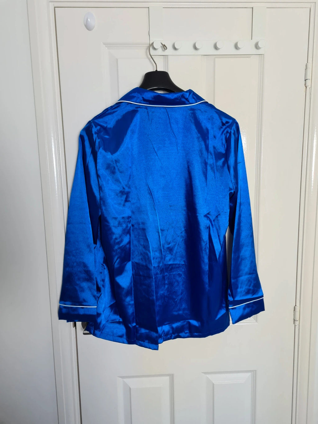 Generic women blue satin 2pcs pyjamas long sleeve V-neck shirt elastic waist pants nightwear XL/14