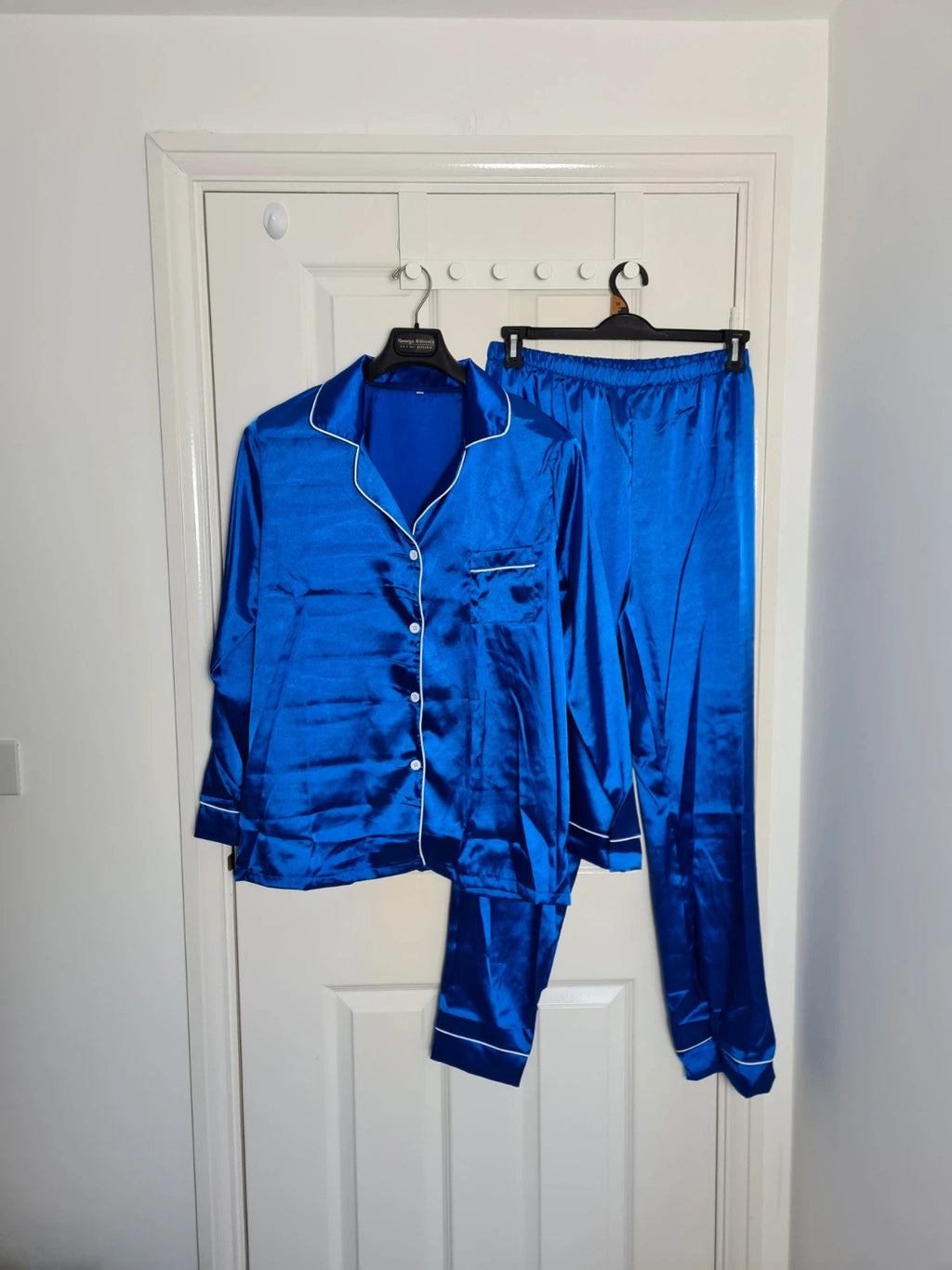 Generic women blue satin 2pcs pyjamas long sleeve V-neck shirt elastic waist pants nightwear XL/14
