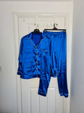 Generic women blue satin 2pcs pyjamas long sleeve V-neck shirt elastic waist pants nightwear XL/14