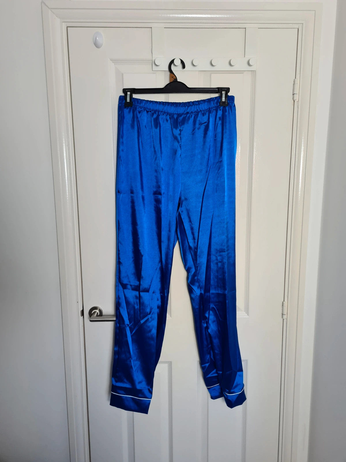 Generic women blue satin 2pcs pyjamas long sleeve V-neck shirt elastic waist pants nightwear XL/14