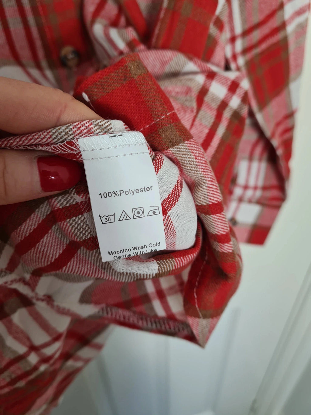 Generic women red white check long sleeve shirt long length plaid flannel blouse button down XL/14
