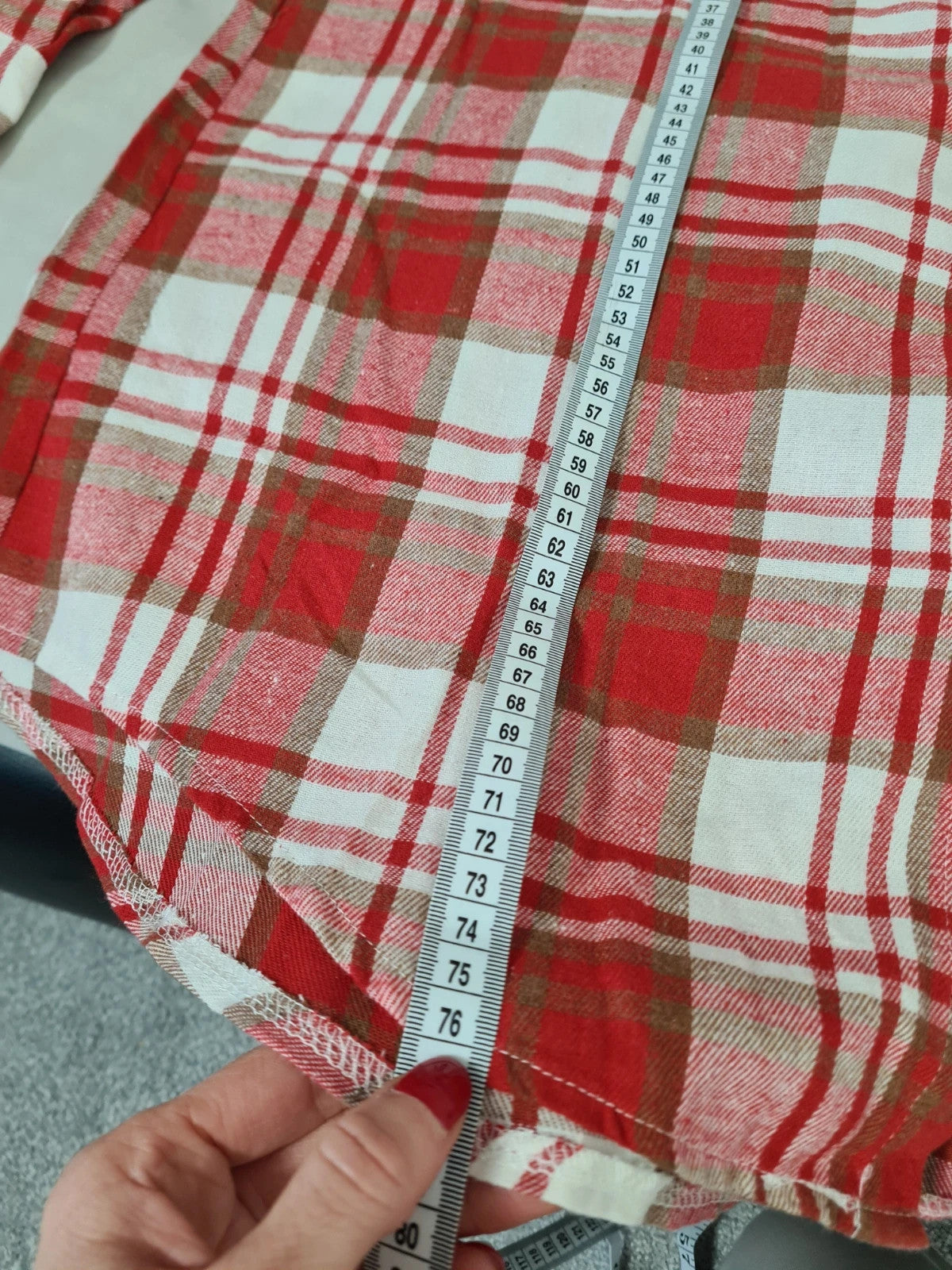 Generic women red white check long sleeve shirt long length plaid flannel blouse button down XL/14