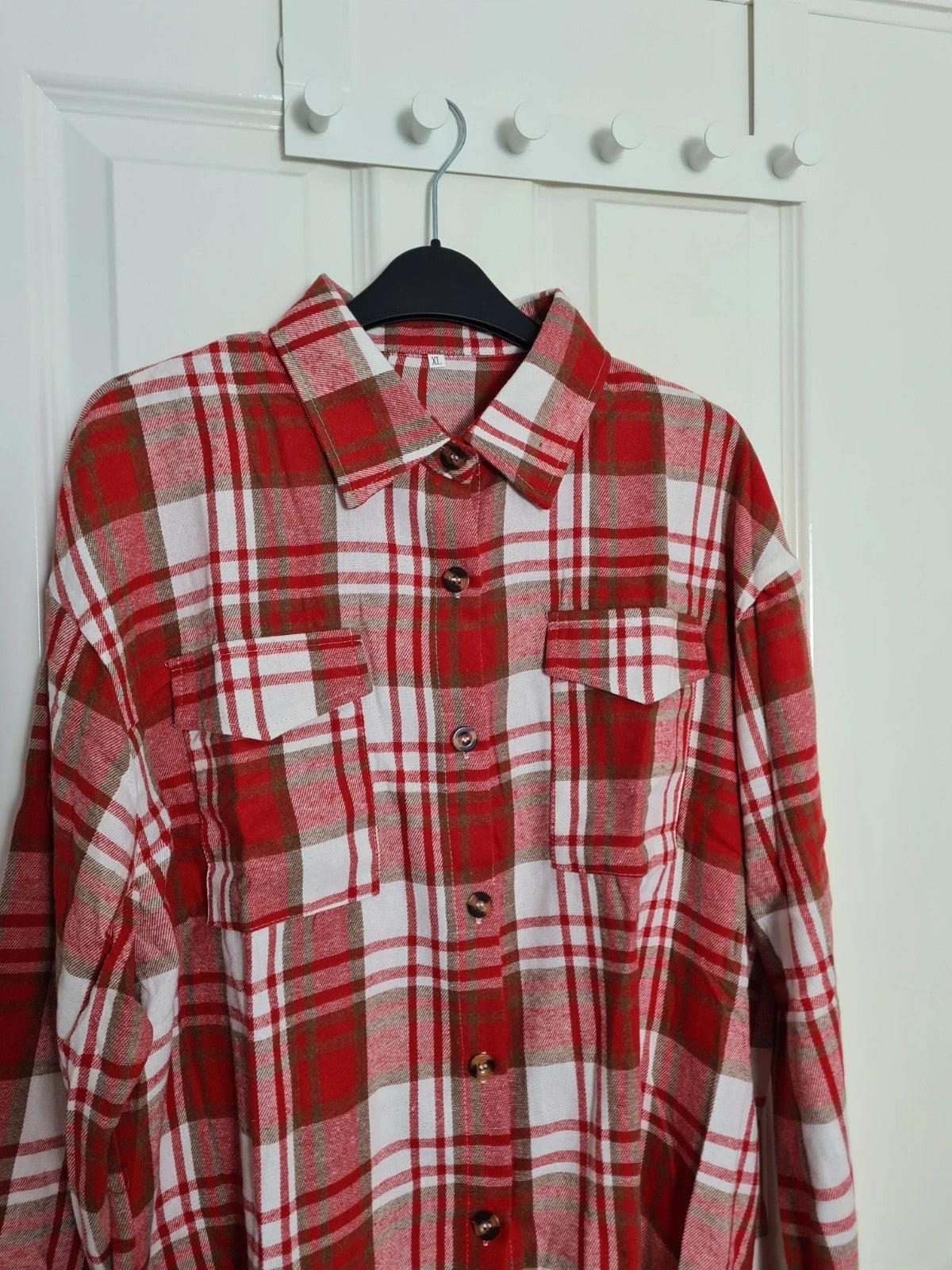 Generic women red white check long sleeve shirt long length plaid flannel blouse button down XL/14