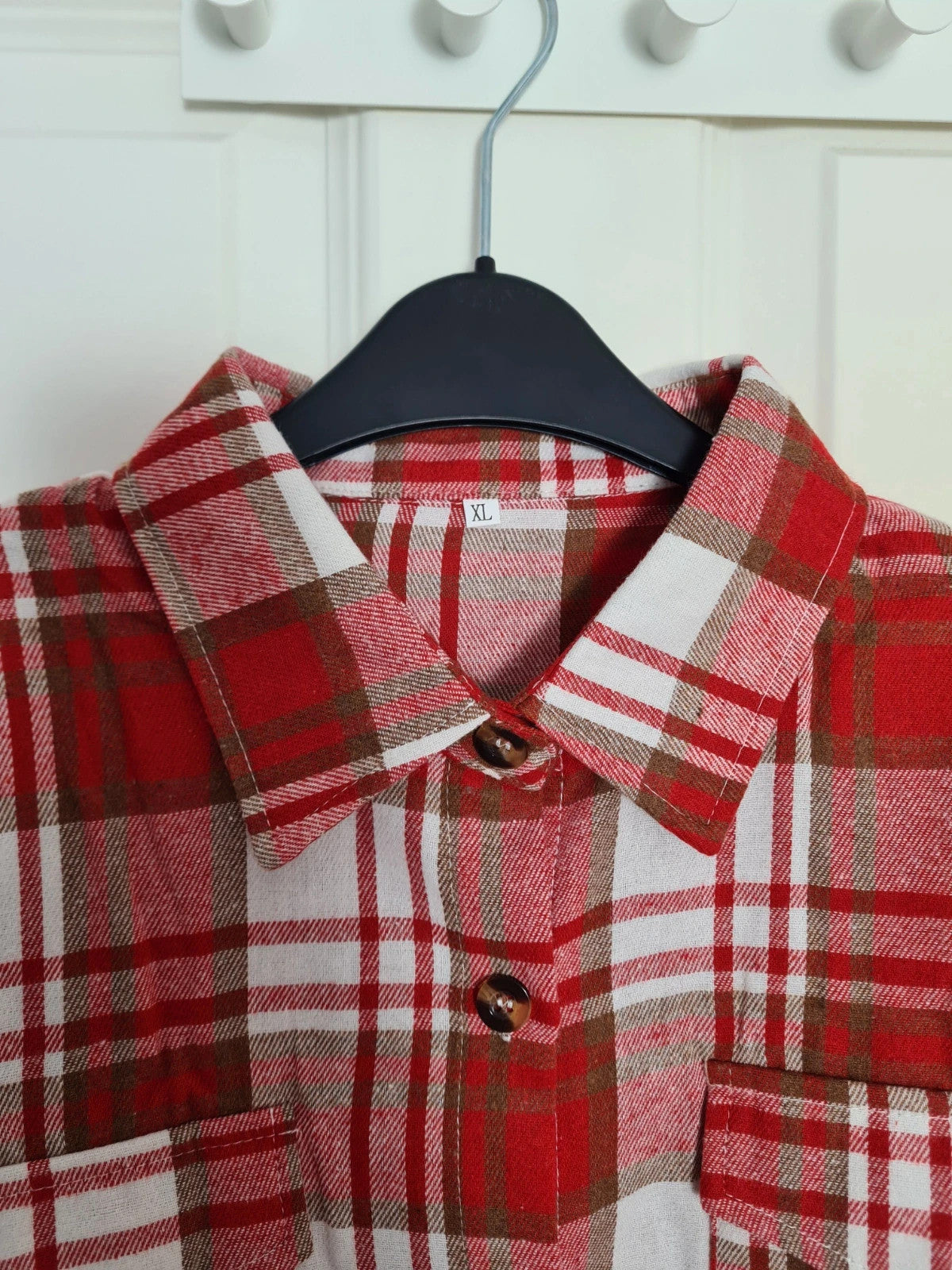 Generic women red white check long sleeve shirt long length plaid flannel blouse button down XL/14