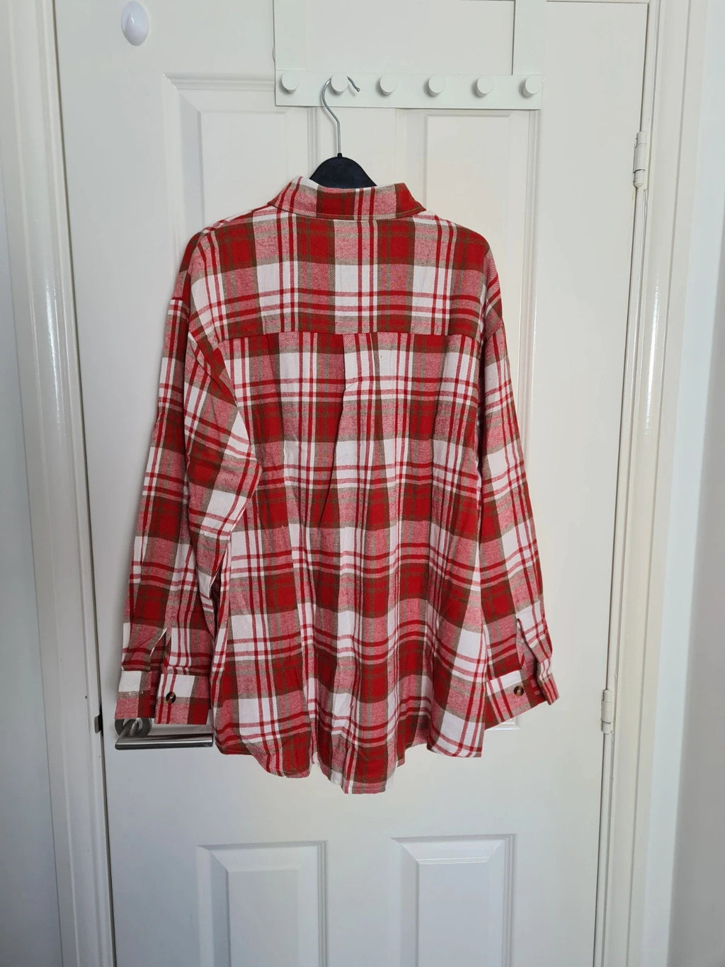 Generic women red white check long sleeve shirt long length plaid flannel blouse button down XL/14