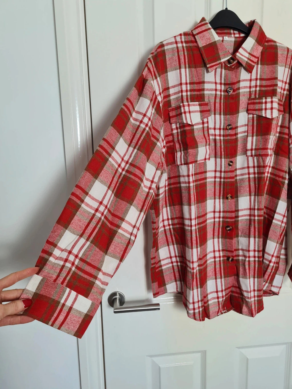 Generic women red white check long sleeve shirt long length plaid flannel blouse button down XL/14