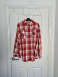 Generic women red white check long sleeve shirt long length plaid flannel blouse button down XL/14
