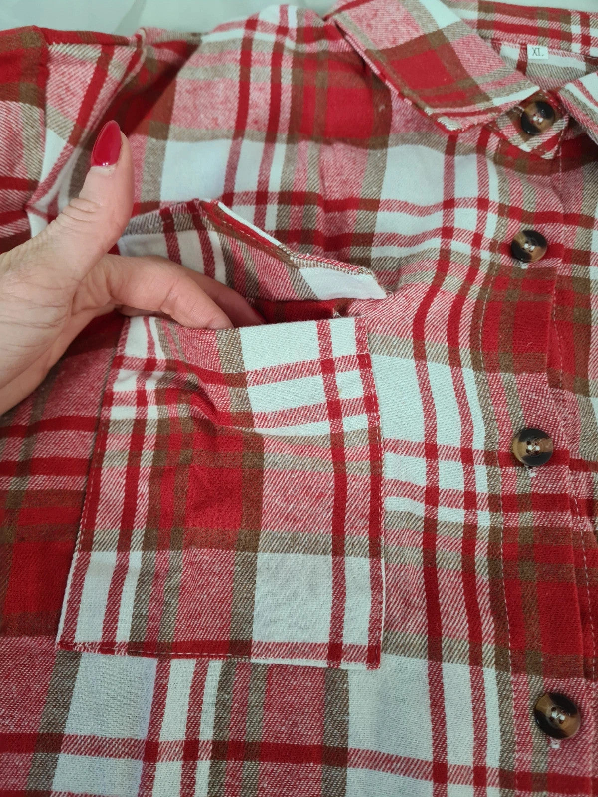 Generic women red white check long sleeve shirt long length plaid flannel blouse button down XL/14