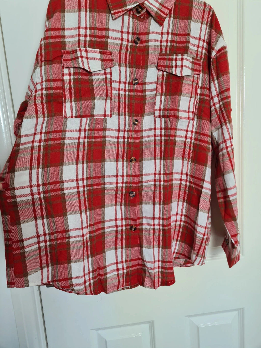 Generic women red white check long sleeve shirt long length plaid flannel blouse button down XL/14