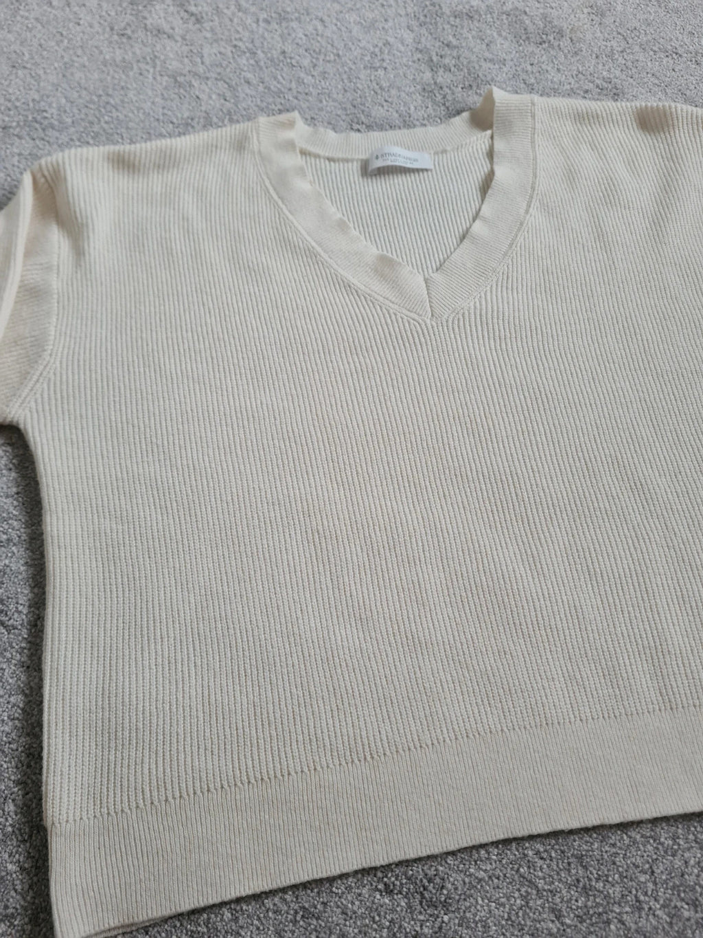 Stradivarius women cream felted V-neck sweater ribb knitt wool touch loose fit casual L/12