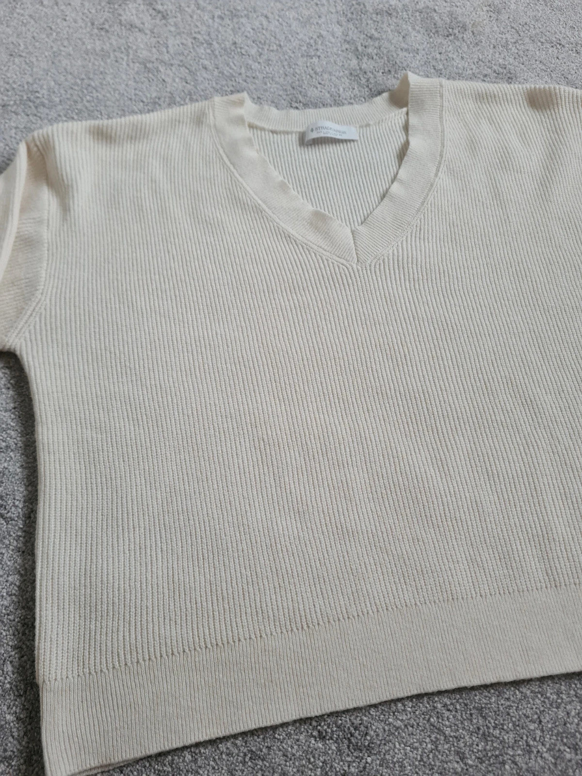 Stradivarius women cream felted V-neck sweater ribb knitt wool touch loose fit casual L/12