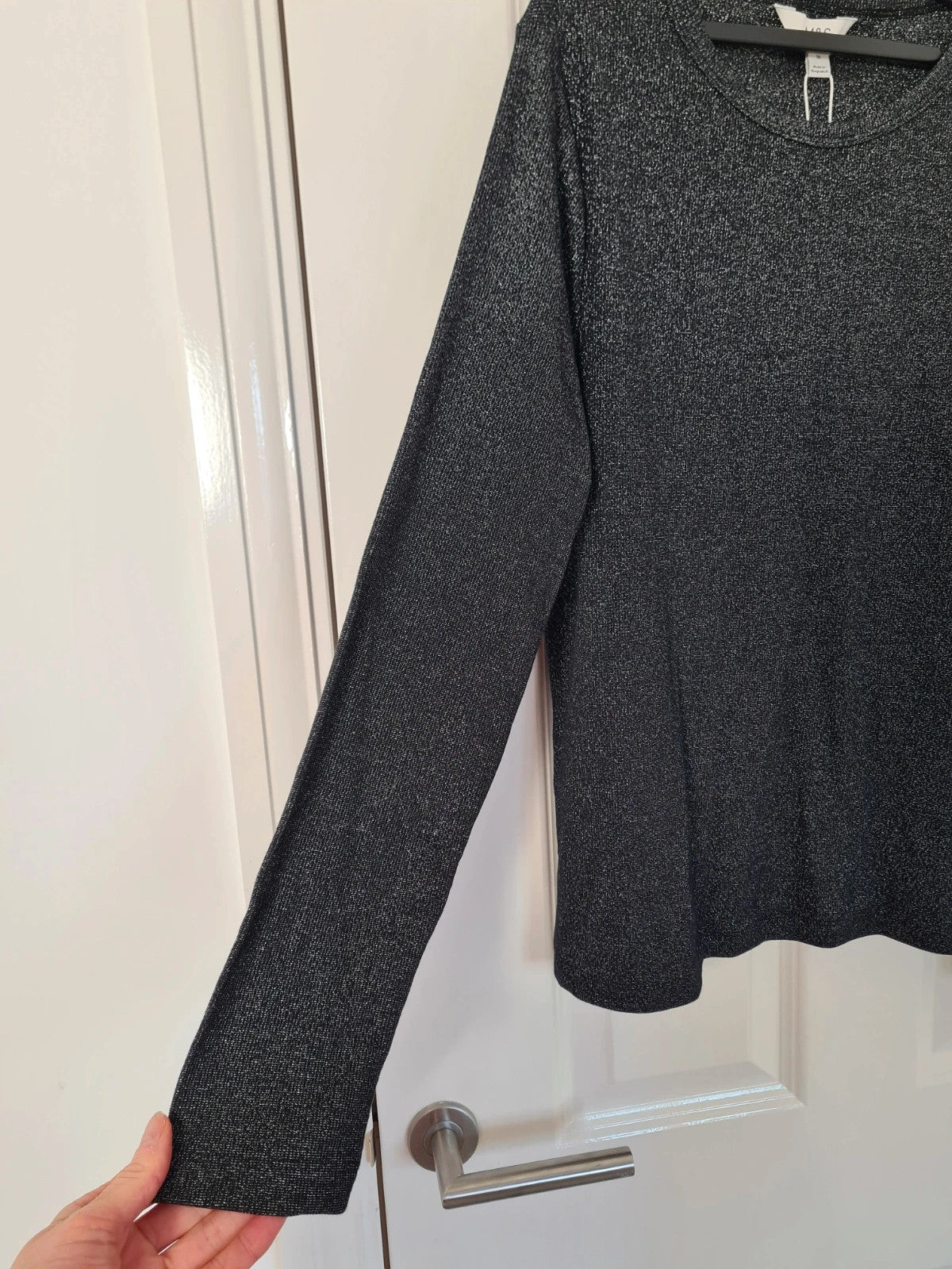 M&S women black sparkly long sleeve top cotton rich crew neck casual essential 2XL/16