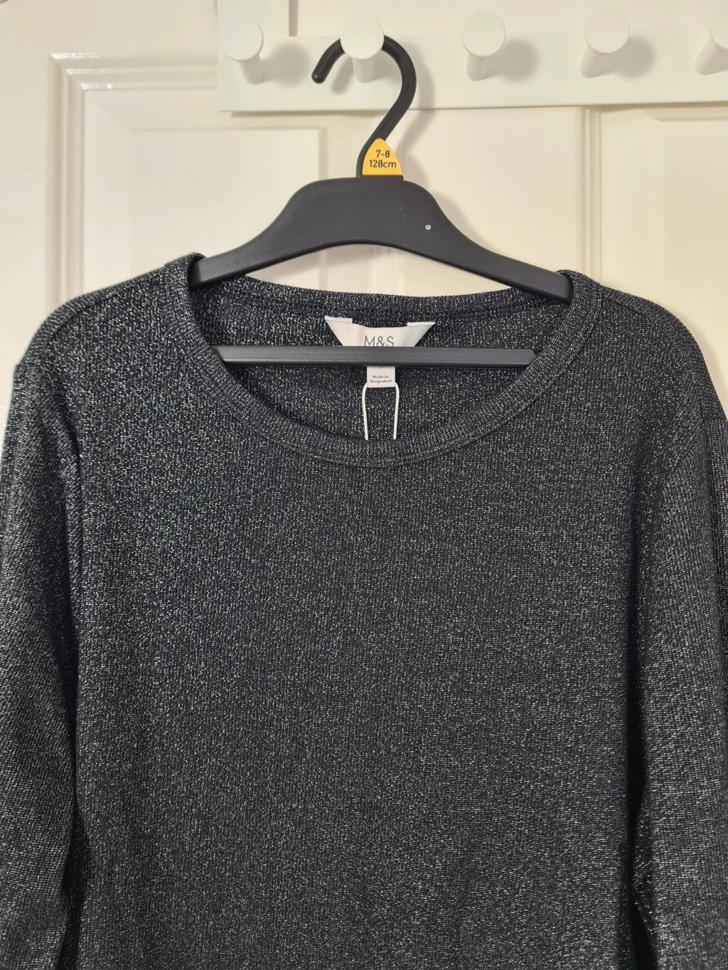 M&S women black sparkly long sleeve top cotton rich crew neck casual essential 2XL/16